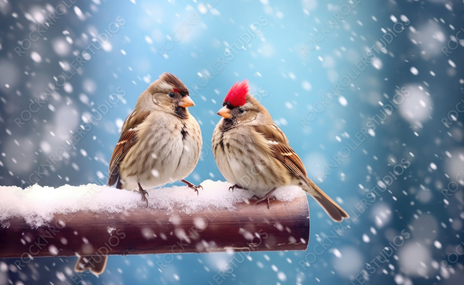 Cute funny merry Christmas sparrows in the New Year with a red cap during a snowfall. Merry Christmas and Happy New Year.
