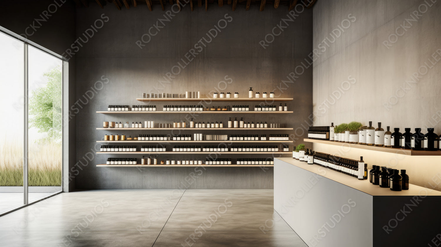 Stylish Interior Design Background. Minimal Retail Store. Generative AI.