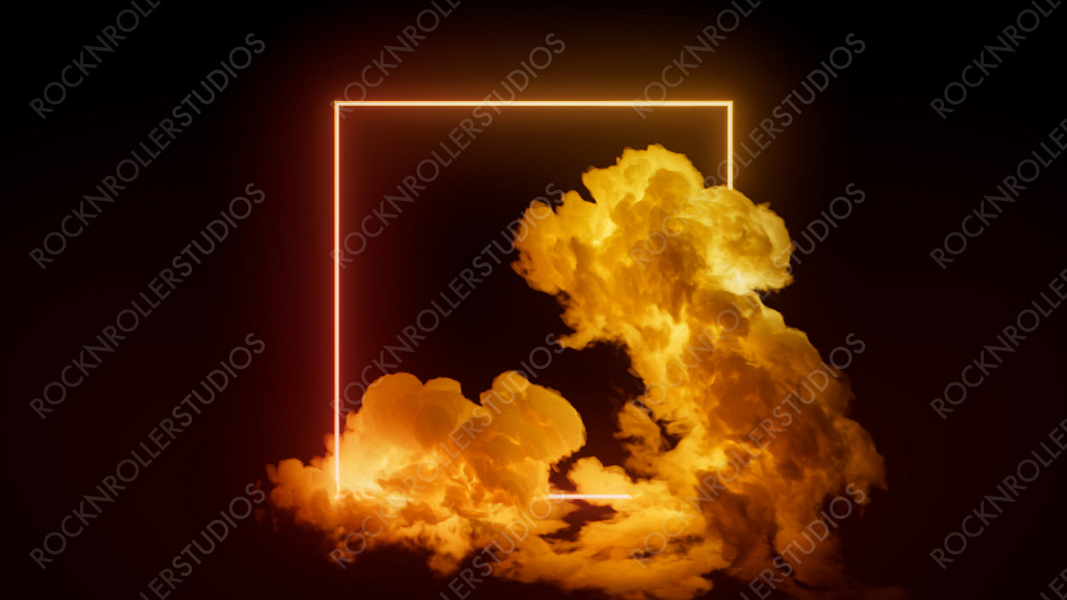 Orange and Yellow Neon Light with Cloud Formation. Square shaped Fluorescent Frame in Dark Environment.