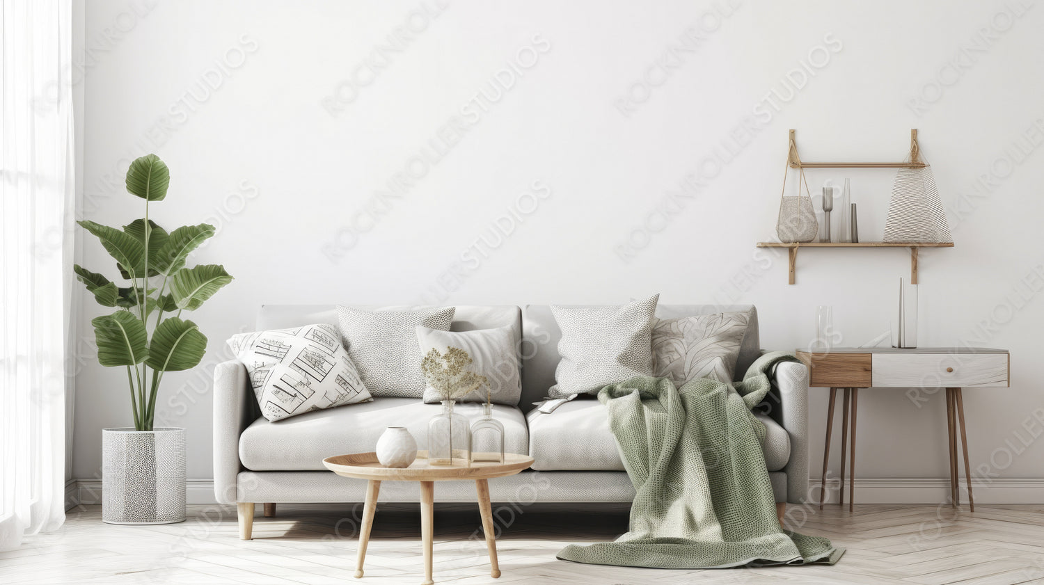Stylish livingroom. Scandinavian Interior Design Background. Generative AI.