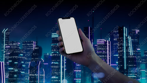 Cell Phone with Empty Display. Sci-fi Style Mockup with Purple and Cyan neon Metropolis Backdrop.