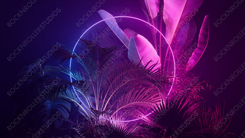 Tropical Plants Illuminated with Pink and Blue Fluorescent Light. Rainforest Environment with Circle shaped Neon Frame.