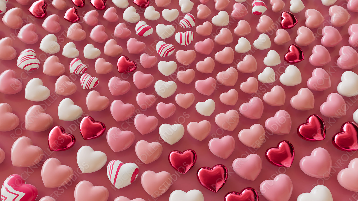 Pink, White and Red Metallic 3D Hearts arranged in the Shape of a Spiral. Romantic Valentine's Day Wallpaper. 3D Render.