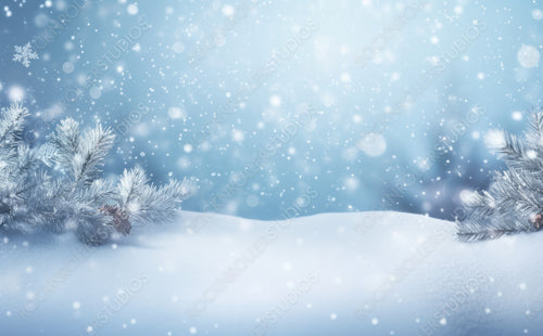 Winter Christmas scenic background with copy space. Snow landscape with spruce branches covered with snow close-up, snowdrifts and falling snow on nature outdoors, copy space, toned blue.
