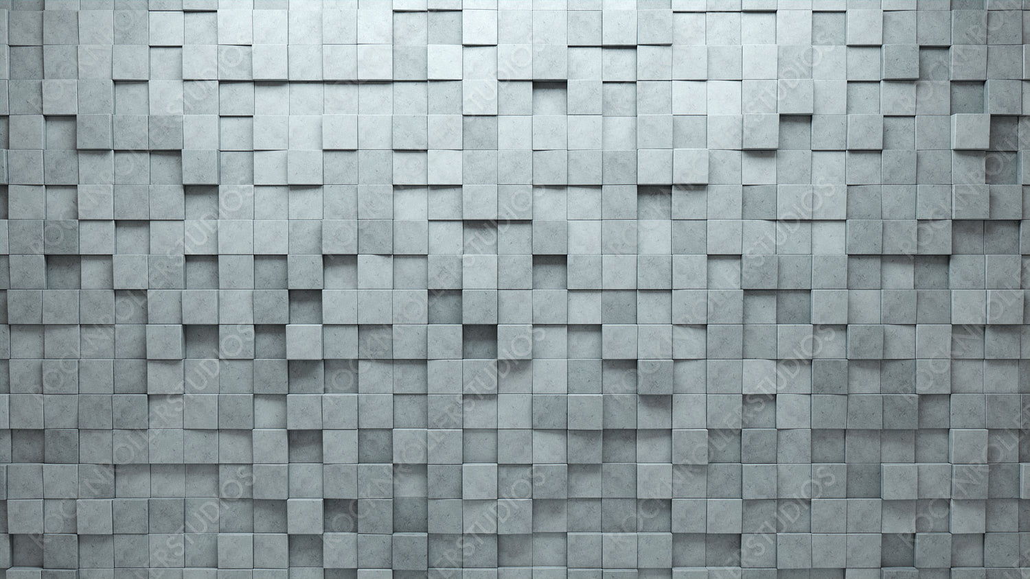 Polished, Concrete Mosaic Tiles arranged in the shape of a wall. Semigloss, Square, Bricks stacked to create a 3D block background. 3D Render