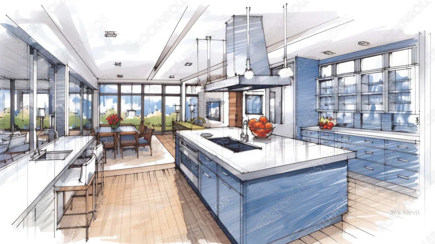 Modern Kitchen. Stylish Interior Design Background. Generative AI.