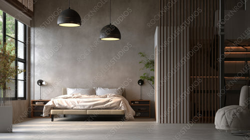Loft Bedroom. Contemporary Interior Design Background. Generative AI.