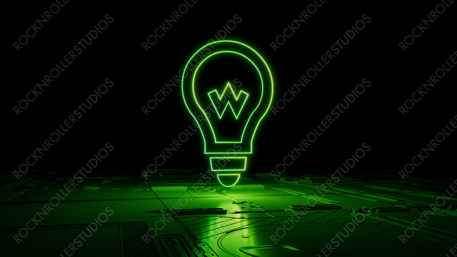 Green neon light lightbulb icon. Vibrant colored Innovation technology symbol, on a black background with high tech floor. 3D Render