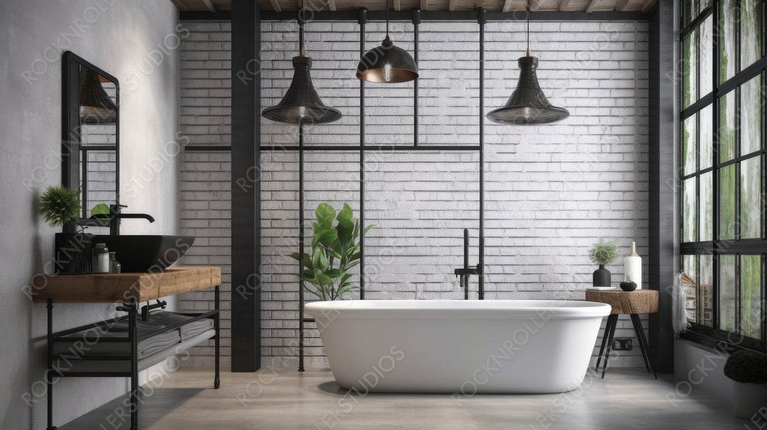 Industrial Bathroom. Contemporary Interior Design Background. Generative AI.