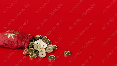Red Purse with Traditional Gold Coins. Chinese New Year prosperity concept with Copy Space.