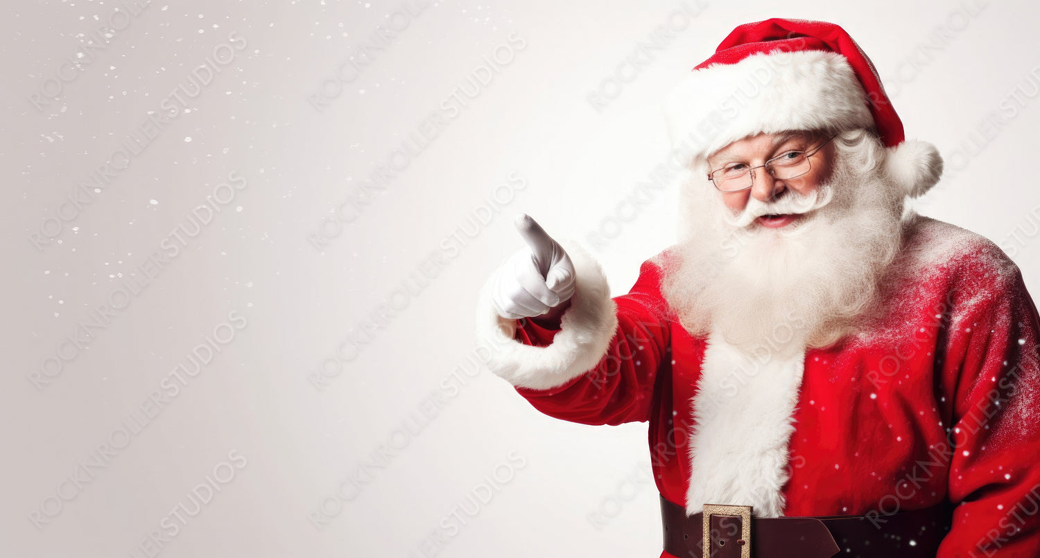 Smiling Santa Claus Pointing on Blank Advertisement Banner Background with Copy Space