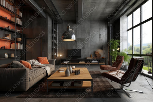 Stylish Living Room. Industrial Interior Design Background. Generative AI.