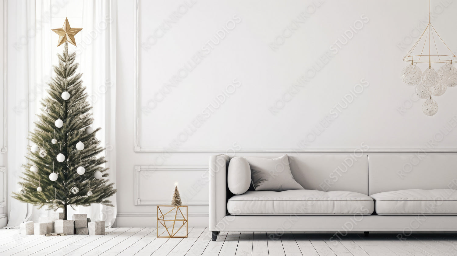 Stylish Living Room. Christmas Interior Design Background. Generative AI.