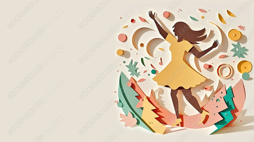 Paper Cut Design to Celebrate International Woman's Day. Lively Multicolored Geometric Wallpaper with Dancing Lady, Abstract Shapes and copy-space. Generative AI.