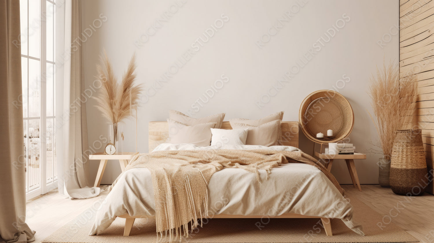 Contemporary Bedroom. Boho Interior Design Background. Generative AI.