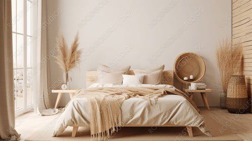 Contemporary Bedroom. Boho Interior Design Background. Generative AI.