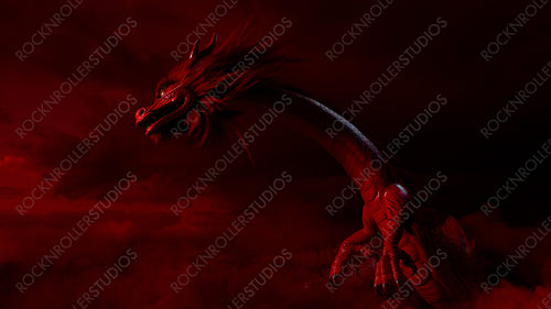 Lunar New Year Concept. Flying Chinese Dragon against a Cloudy Sky. Red design with copy-space.