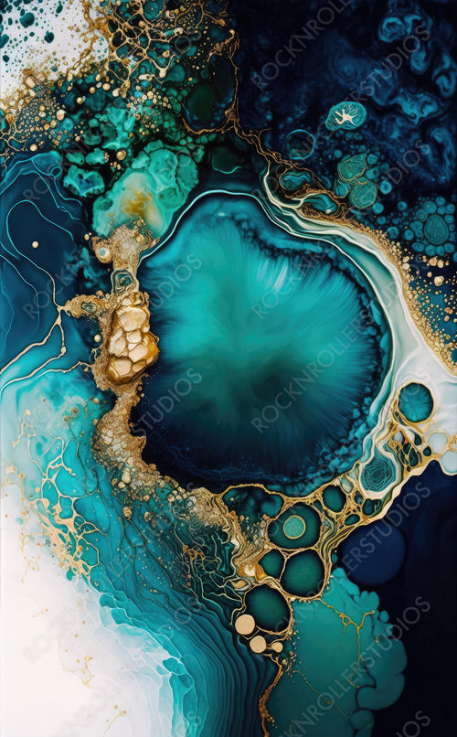 Beautiful Teal and Blue Paint Swirls with Gold Powder. Contemporary Art Wallpaper. Generative AI.