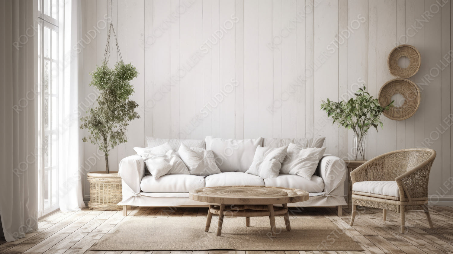 Farmhouse Living Room. Stylish Interior Design Background. Generative AI.
