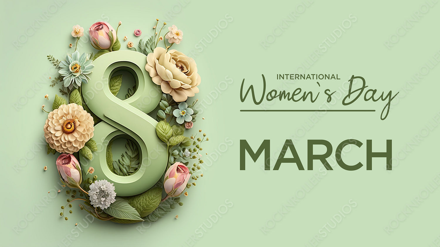 Botanical Design to Celebrate International Woman's Day. Beautiful Green Floral Background with Number 8, Flowers and Caption. Generative AI.