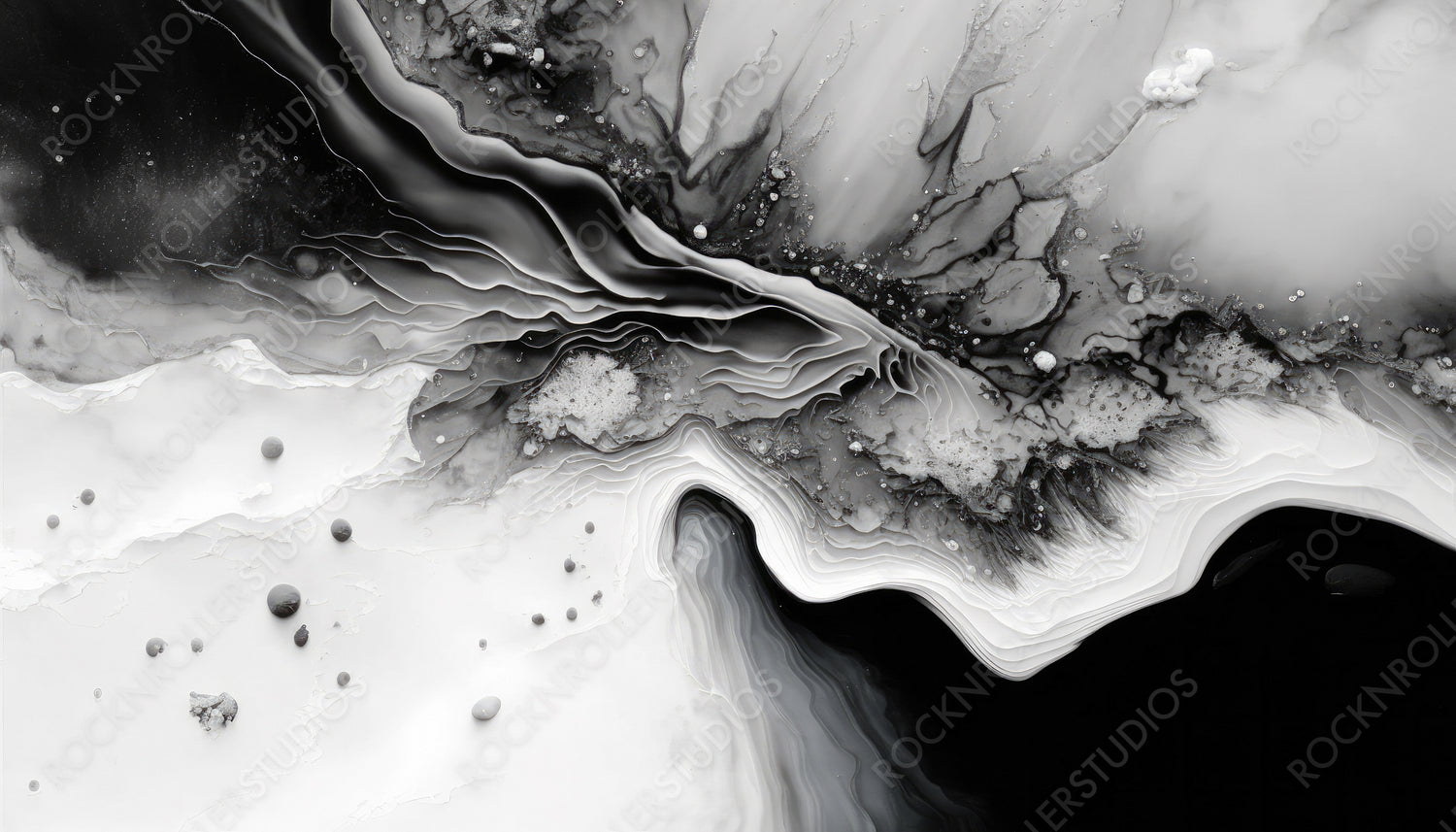 Contemporary Acrylic Pour Background. Paint Swirls in Beautiful Black and White colors, with White Particles. Generative AI.