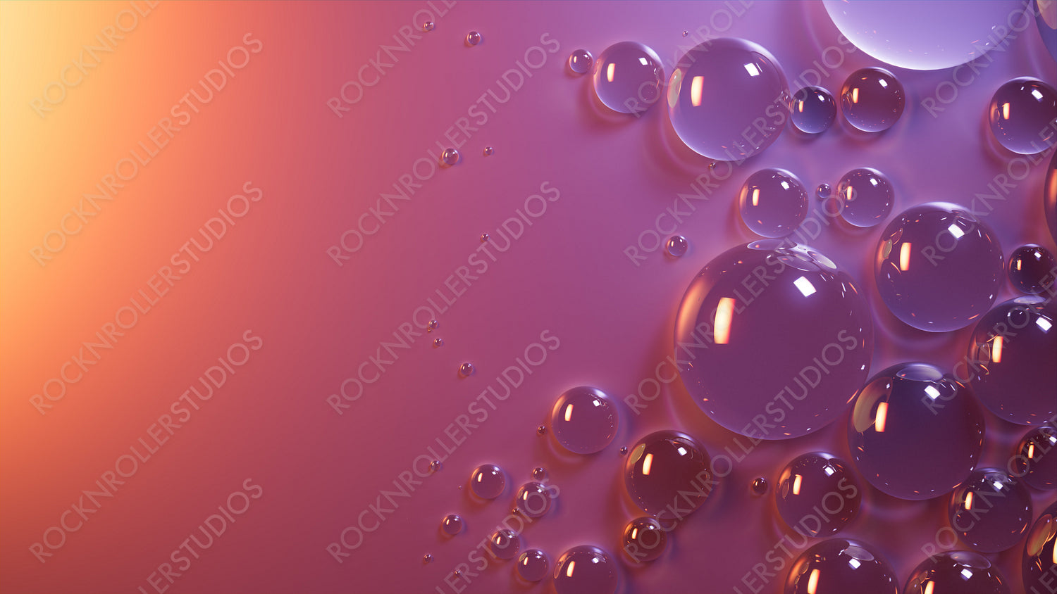 Orange and Violet Background with Liquid Drops on Surface. Modern Wallpaper with Copy-Space.