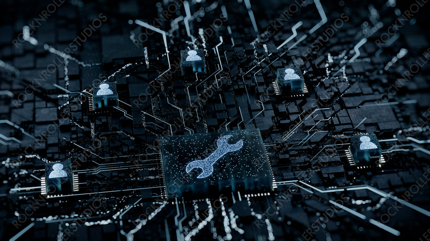 Configure Technology Concept with tool symbol on a Microchip. White Neon Data flows between Users and the CPU across a Futuristic Motherboard. 3D render.