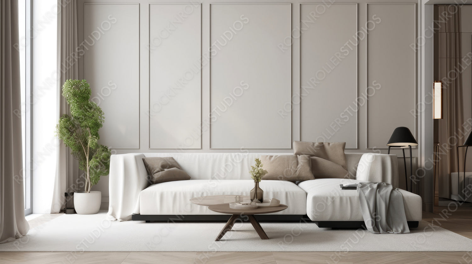 Modern Living Room. Contemporary Interior Design Background. Generative AI.