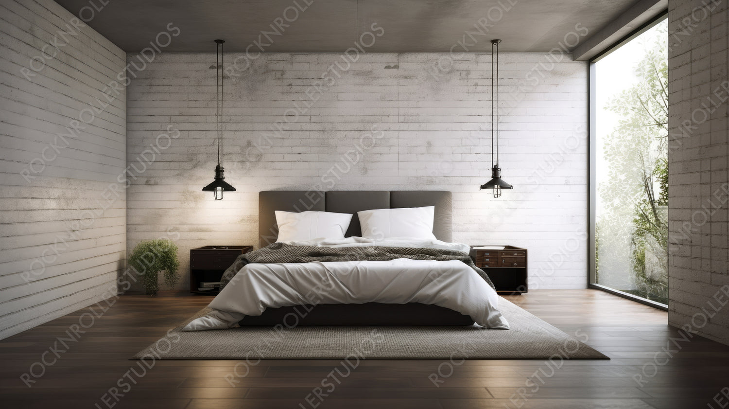 Contemporary Bedroom. Modern Interior Design Background. Generative AI.