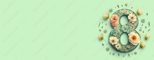 Premium Botanical Banner to Celebrate International Woman's Day. Green Floral Design with Number 8, Flowers and copy-space. Generative AI.