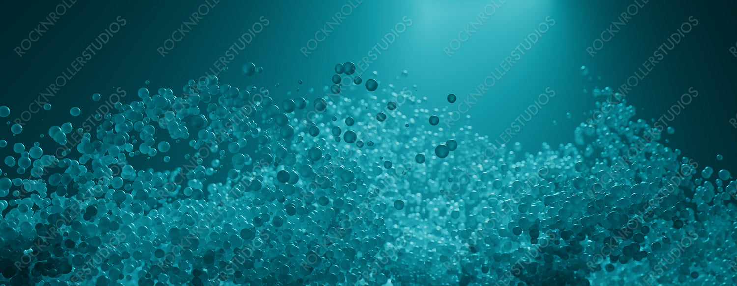 Abstract 3D Banner with Suspended Bubbles. Turquoise and Black, Medical concept.