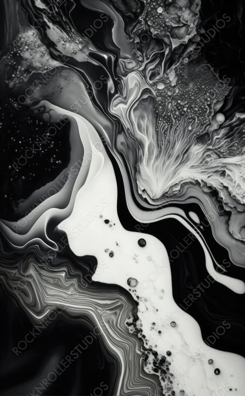 Liquid Swirls in Beautiful Black and White colors, with White Particles. Modern Marbling Background. Generative AI.