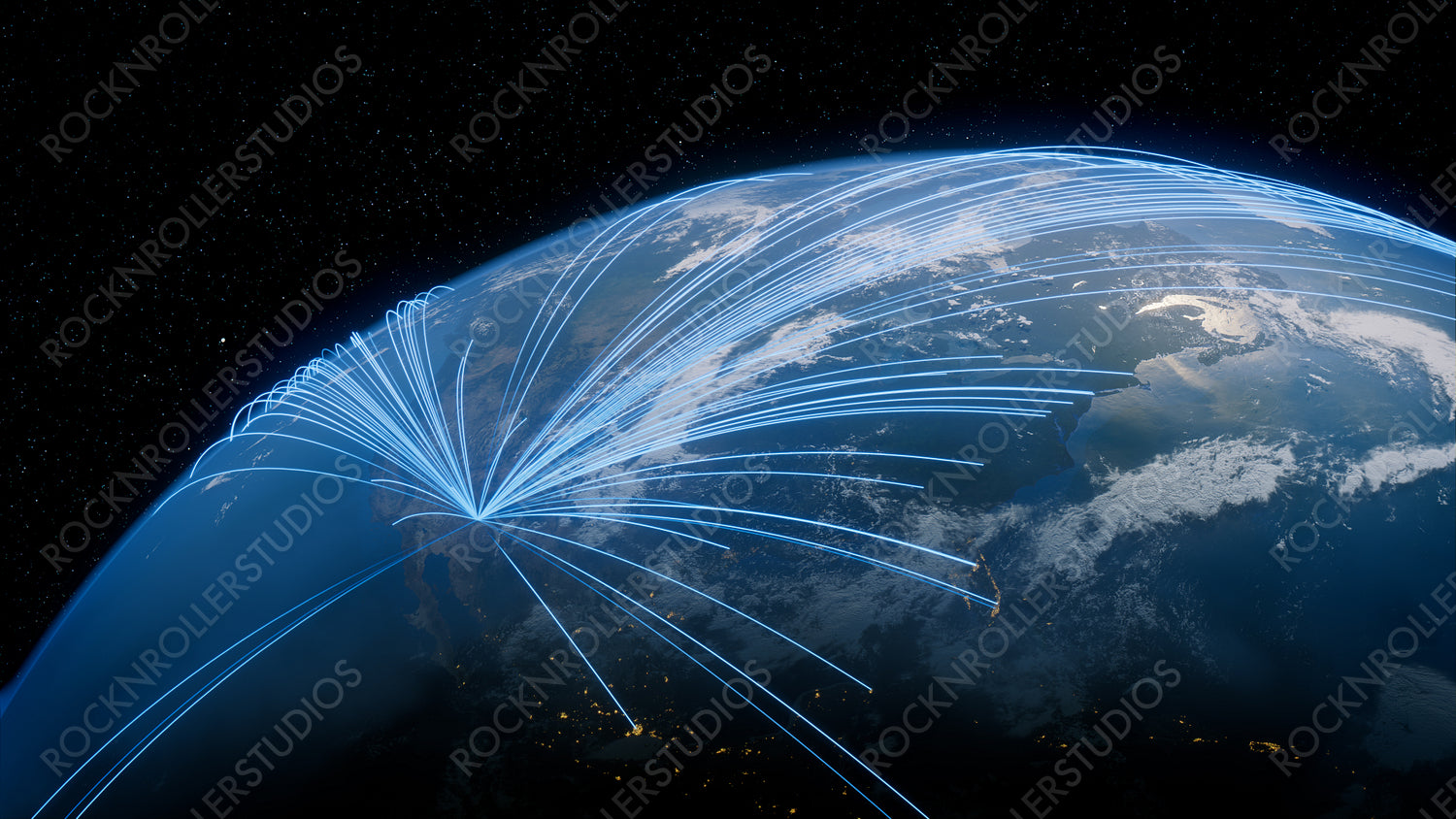 Earth in Space. Blue Lines connect Phoenix, USA with Cities across the World. Global Travel or Networking Concept.