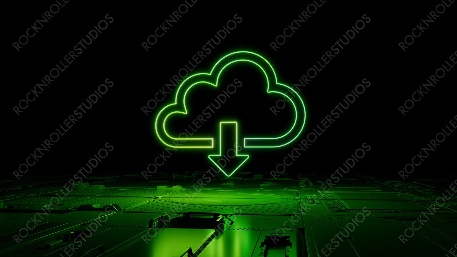 Green Data storage Technology Concept with cloud download symbol as a neon light. Vibrant colored icon, on a black background with high tech floor. 3D Render