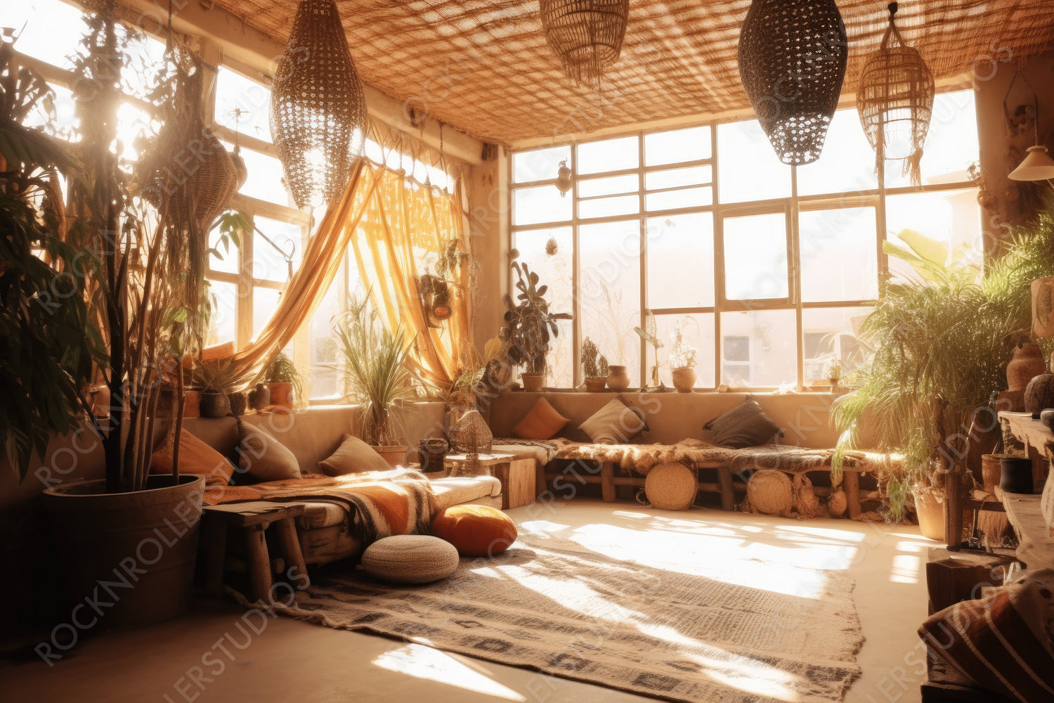 Stylish Living Room. Cozy Interior Design Background. Generative AI.