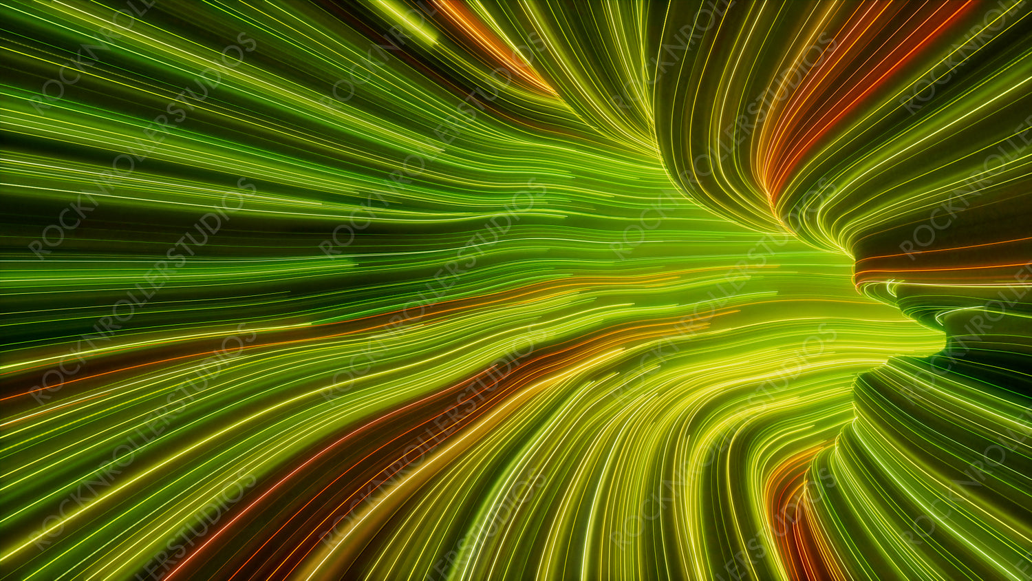 Green, Yellow and Orange Colored Stripes form Wavy Neon Lights Tunnel. 3D Render.
