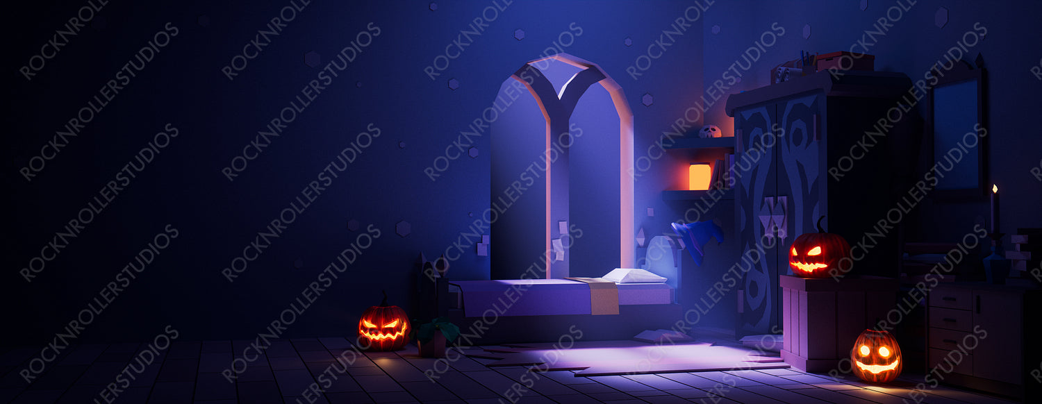 Magical Halloween Scene with Moonlit Bed, Wizard's Hat and Carved Pumpkins. Halloween background with copy-space.