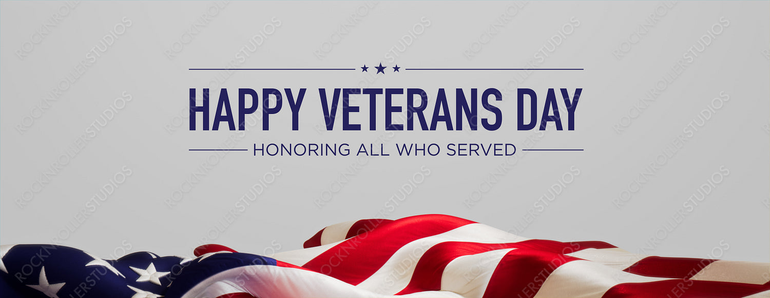 USA Flag Banner with Veterans Day Caption on White. Premium Holiday Background.