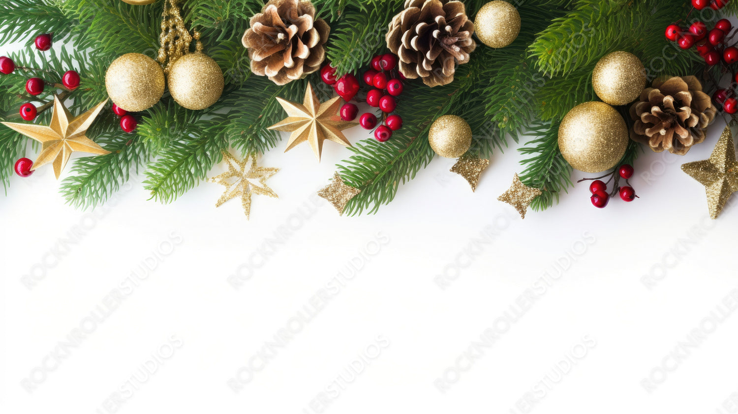 Festive Christmas border, isolated on white background. Fir green branches are decorated with gold stars, fir cones and red berries. Close-up, copy space.