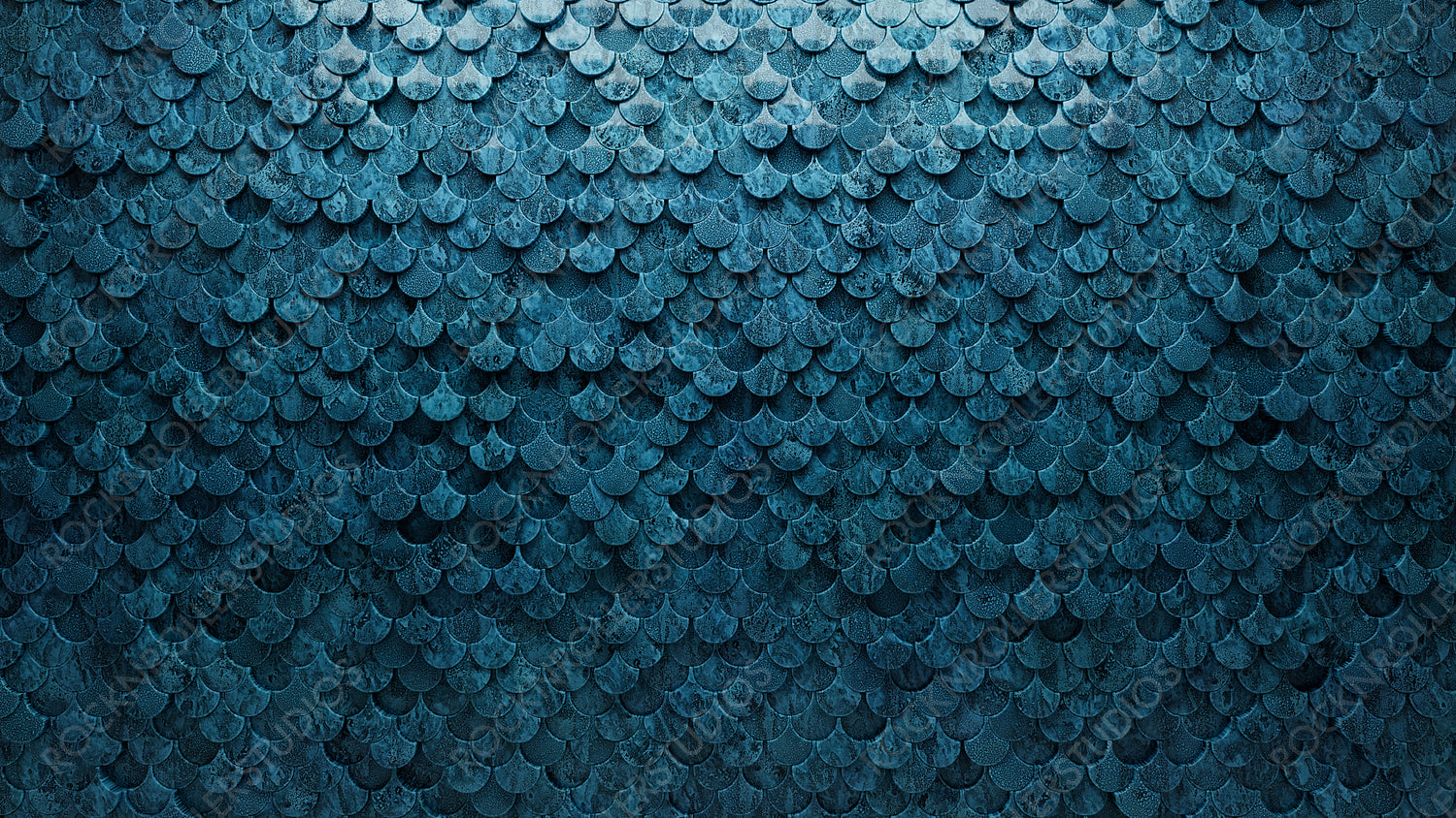 3D Tiles arranged to create a Glazed wall. Textured, Fish Scale Background formed from Blue Patina blocks. 3D Render