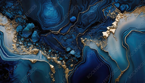 Beautiful Navy Blue Paint Swirls with Gold Powder. Modern Marbling Background. Generative AI.