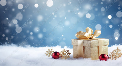 Festive Christmas snow background with copy space. Golden gift box with gold ribbon, snowflake on snow on blue background with beautiful bokeh circles.