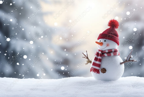 Merry Christmas and Happy New Year Greeting Card with Copy-Space. Happy Snowman Standing in Christmas Landscape. Snow Background. Winter Fairytale.