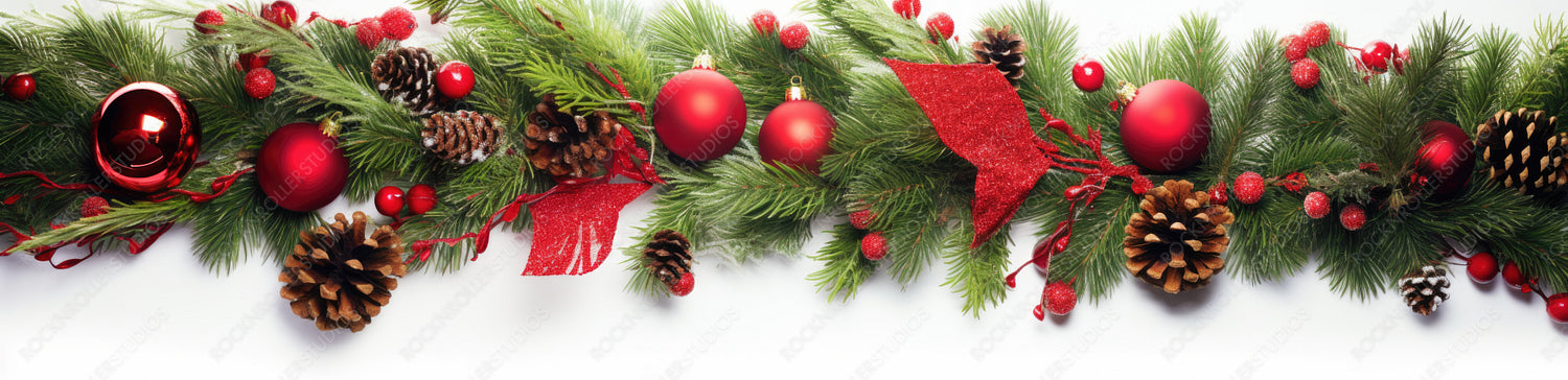Festive Christmas border, isolated on white background. Fir green branches are decorated with red baubels, berries and fir cones. Close-up.