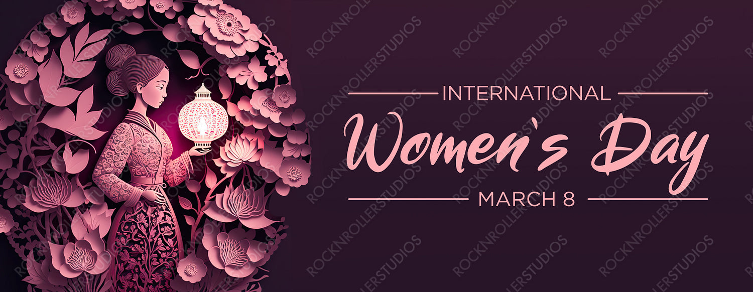 Elegant Paper Craft Banner to Celebrate International Woman's Day. Pink Floral Design with Woman, Lanterns and caption. Generative AI.