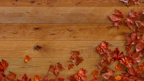 Seasonal Wallpaper, with Autumn Leaves on Natural wood Surface. Thanksgiving Concept with space for text.