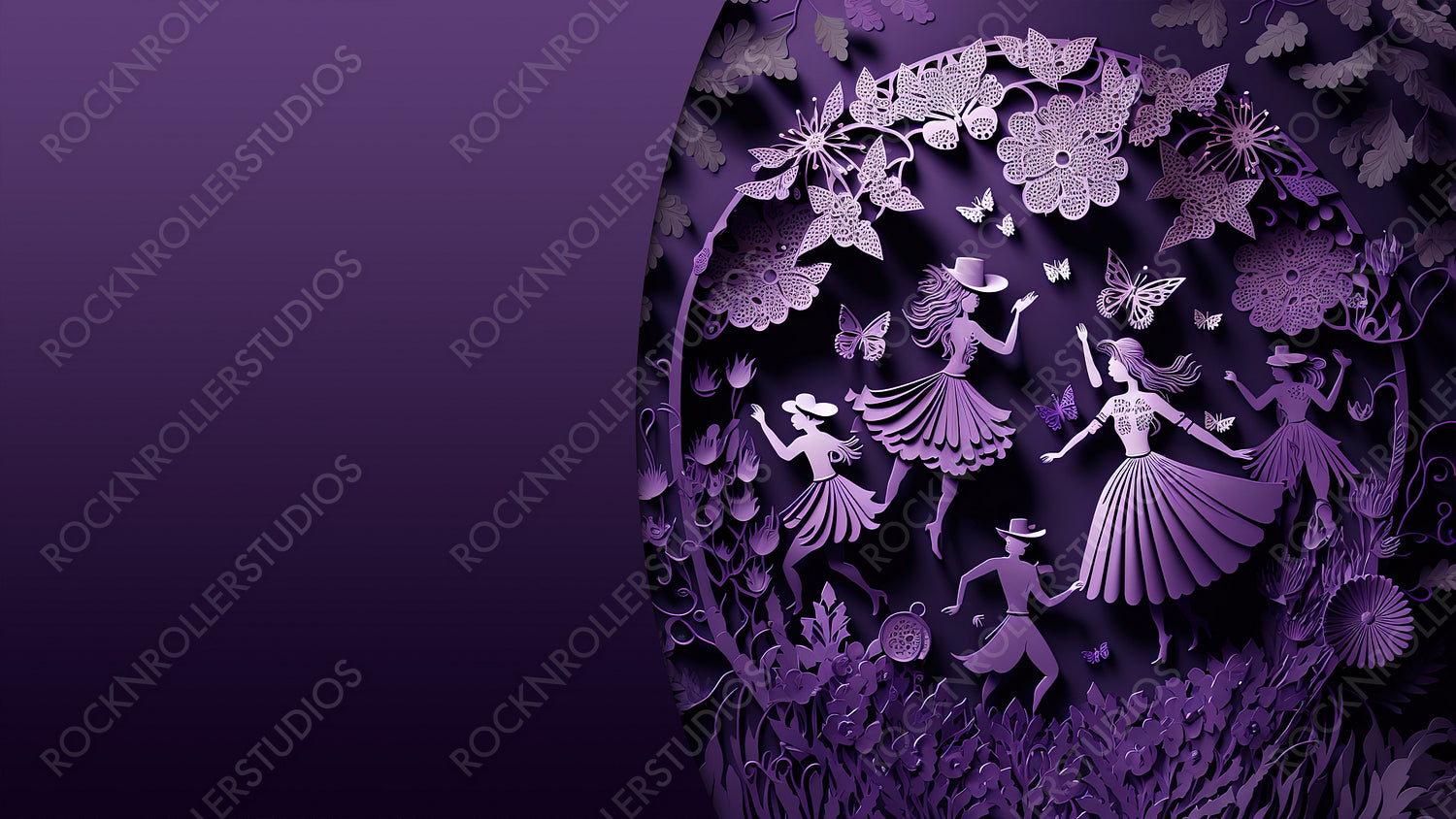 Paper Cut Design to Celebrate International Woman's Day. Beautiful Purple Floral Wallpaper with Dancing Ladies, Butterflies and copy-space. Generative AI.