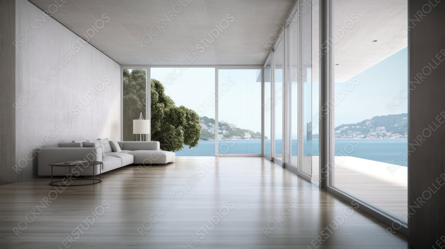 Sea View Interior Design Background. Contemporary Living Room. Generative AI.