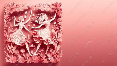 Lovely Paper Cut Background to Celebrate International Woman's Day. Pink Floral Design with Dancing Ladies, Flowers and copy-space. Generative AI.