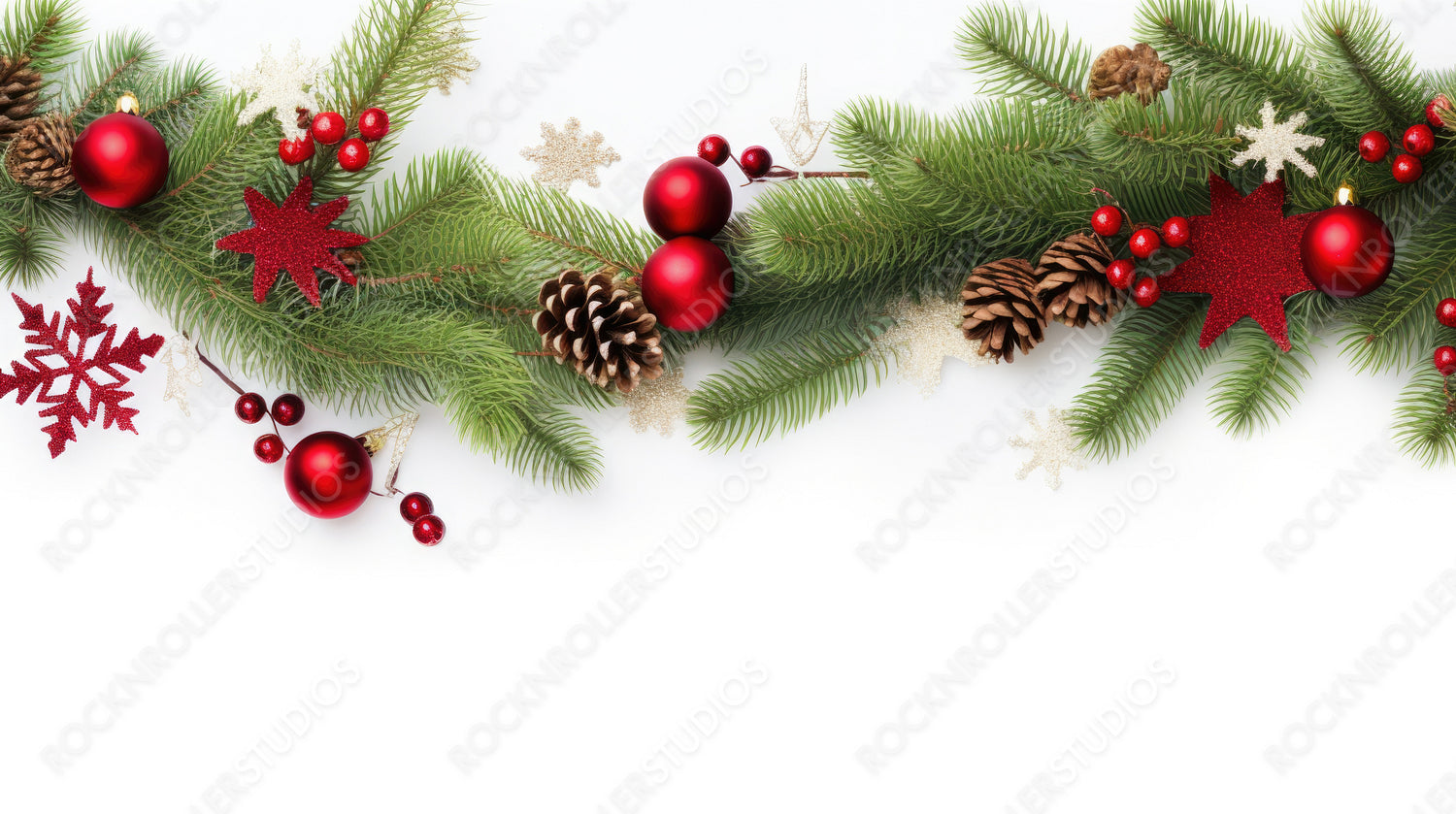 Festive Christmas border, isolated on white background. Fir green branches are decorated with stars, fir cones and red baubels. Close-up, copy space.
